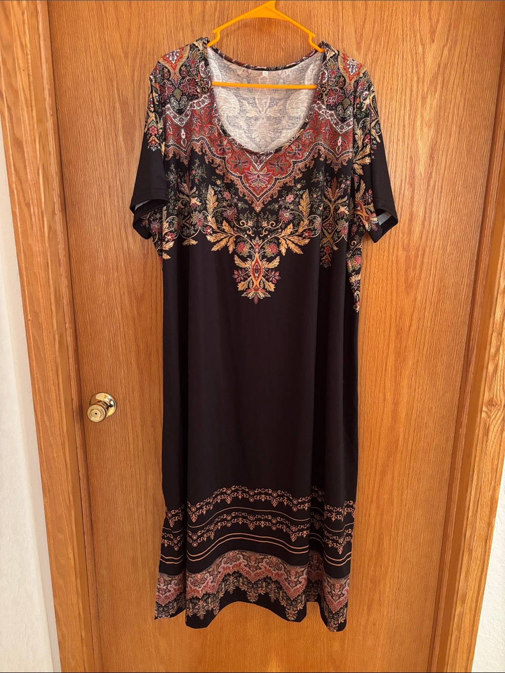Black Maxi Dress with Ornate Red & Gold Paisley Print